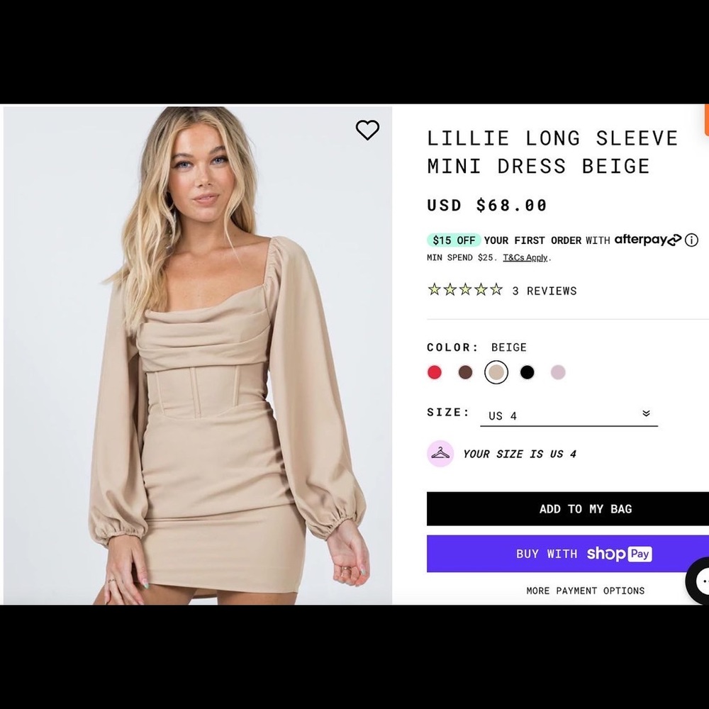 Princess polly Lillie long sleeve mini dress in biege